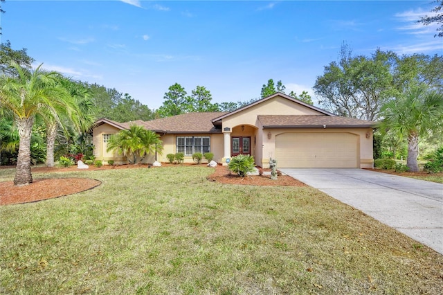 ranch-style home featuring a front yard and a garage