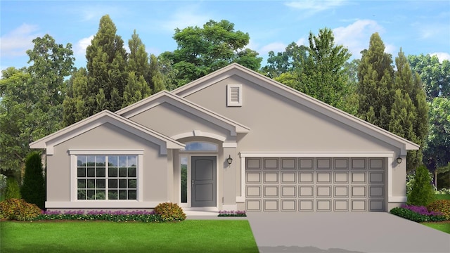 view of front of home with a garage and a front lawn