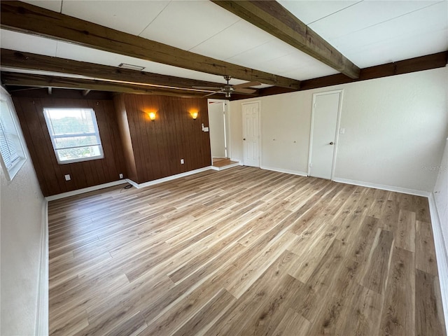 spare room featuring light wood-style flooring, wood walls, a ceiling fan, baseboards, and beamed ceiling