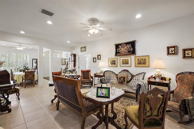 living room with recessed lighting, ceiling fan, visible vents, and light tile patterned flooring