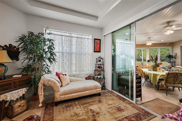 living area featuring tile patterned flooring