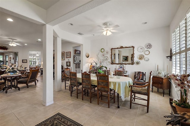 dining area with light tile patterned floors, visible vents, a ceiling fan, and recessed lighting