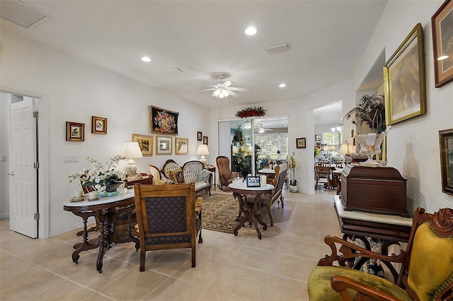 dining room with light tile patterned floors, visible vents, a ceiling fan, and recessed lighting