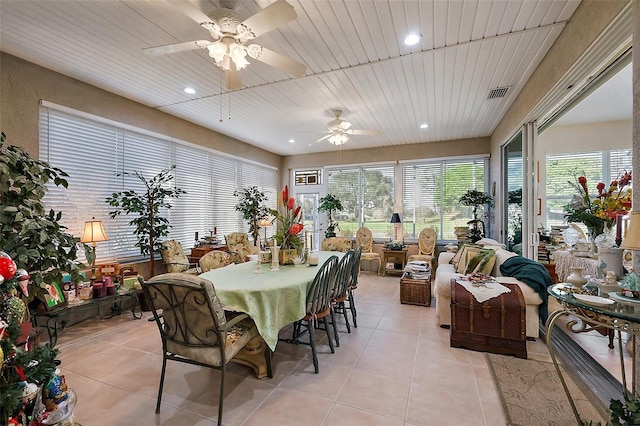 sunroom / solarium with wooden ceiling, visible vents, and a ceiling fan