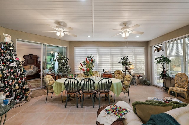 dining area with recessed lighting, ceiling fan, and light tile patterned floors