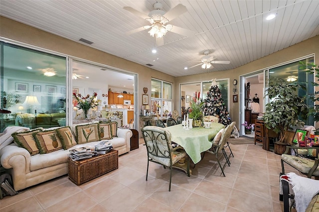 dining space with recessed lighting, wooden ceiling, visible vents, and light tile patterned flooring