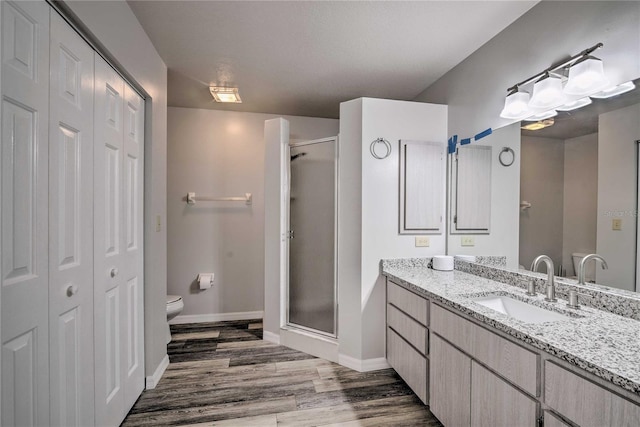 bathroom featuring vanity, a closet, a shower stall, and toilet