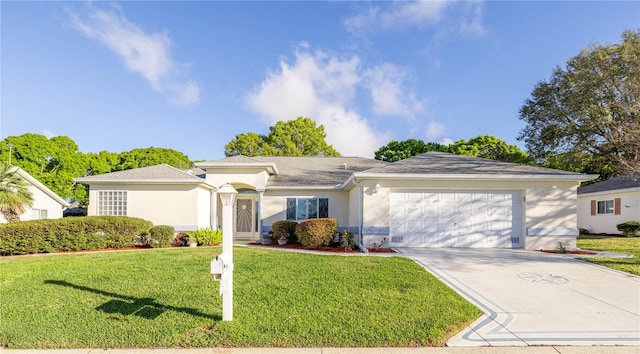 ranch-style house featuring an attached garage, stucco siding, driveway, and a front yard