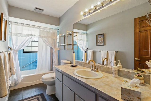 full bath featuring visible vents, shower / bathtub combination with curtain, toilet, vanity, and tile patterned floors