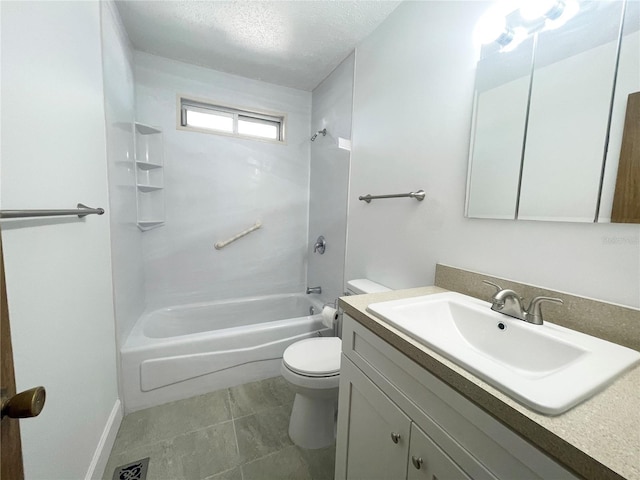 full bathroom with toilet, bathtub / shower combination, vanity, and a textured ceiling