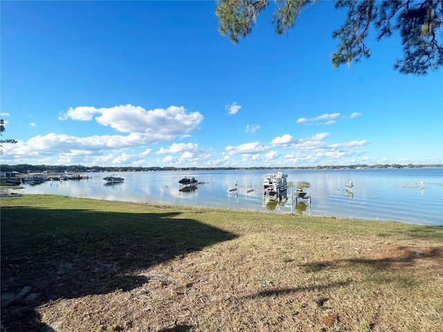 dock area with a water view and a lawn