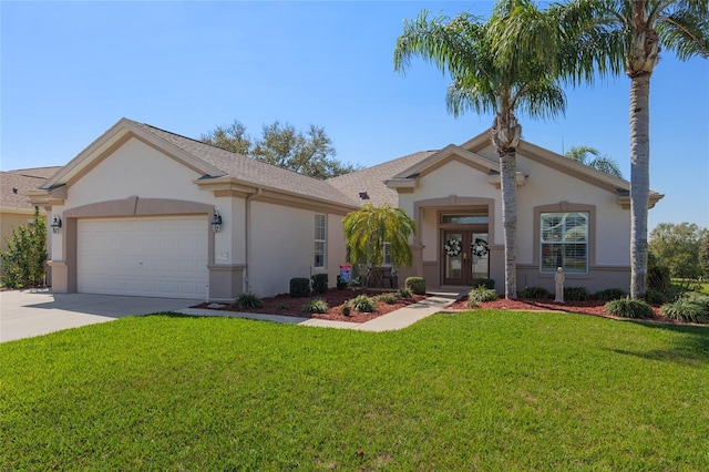 ranch-style house featuring an attached garage, concrete driveway, french doors, stucco siding, and a front lawn