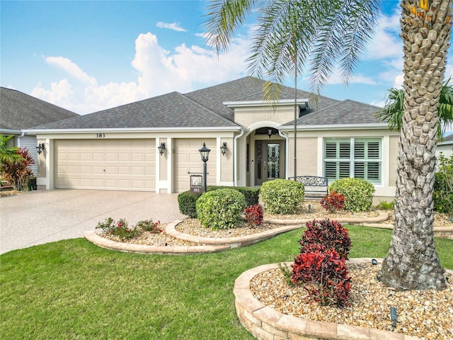 single story home featuring roof with shingles, stucco siding, concrete driveway, an attached garage, and a front lawn