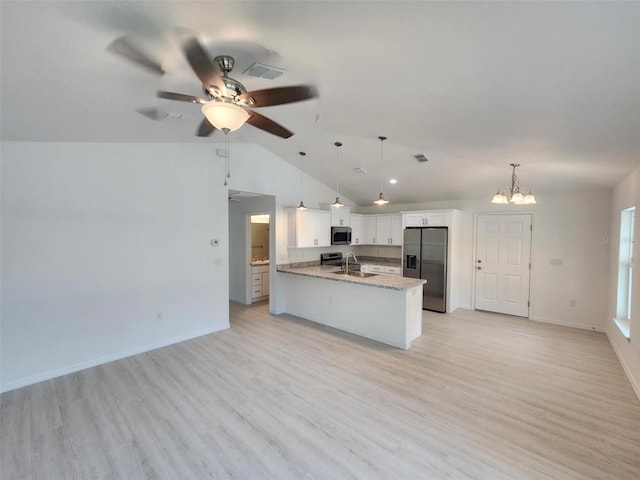 kitchen with stainless steel appliances, visible vents, white cabinets, light wood-type flooring, and a peninsula