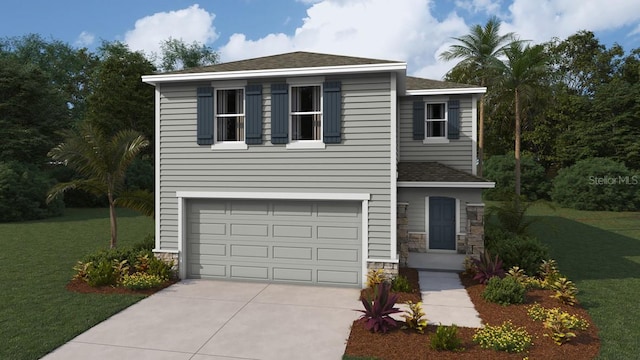 view of front of home with a garage, stone siding, a front lawn, and concrete driveway