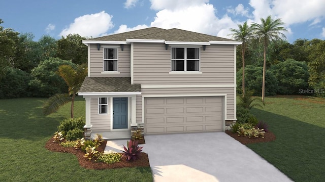 view of front of property with a front yard, roof with shingles, driveway, and an attached garage