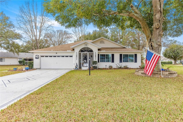 ranch-style home with a garage, concrete driveway, and a front yard