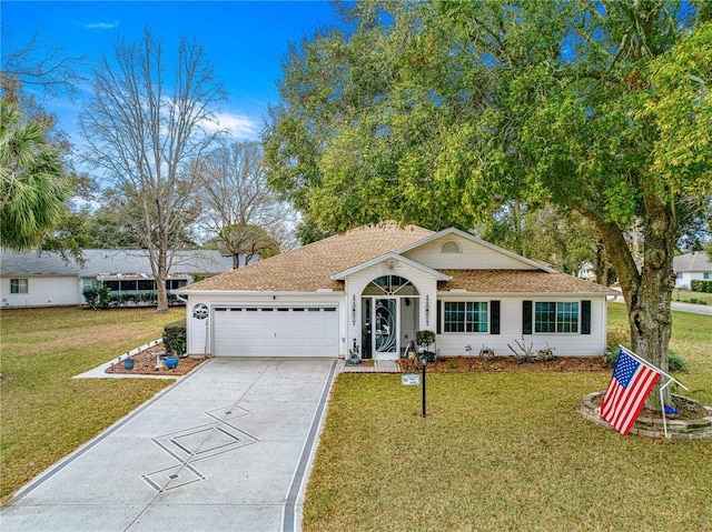 ranch-style home with an attached garage, driveway, and a front yard