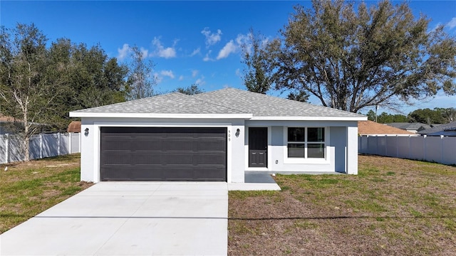 ranch-style home featuring driveway, a front lawn, fence, and stucco siding