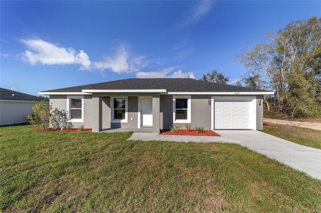 ranch-style house featuring a garage, driveway, a front lawn, and stucco siding