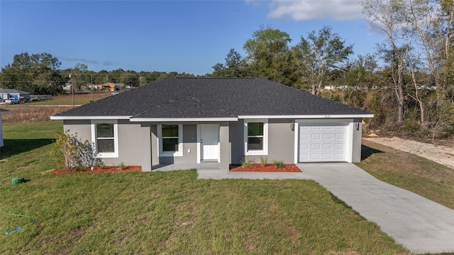 ranch-style house featuring a garage, roof with shingles, a front yard, and stucco siding