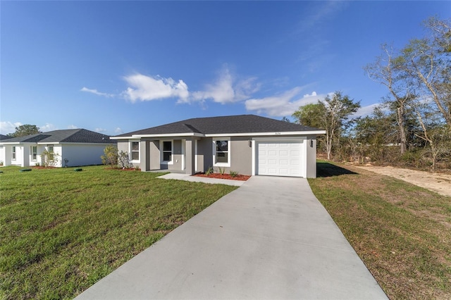 single story home featuring a garage, concrete driveway, a front yard, and stucco siding