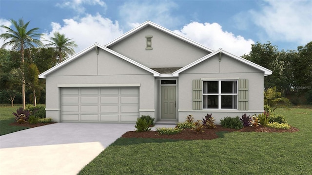 ranch-style house featuring a garage, concrete driveway, a front lawn, and stucco siding