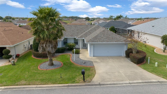 ranch-style house featuring a shingled roof, concrete driveway, a residential view, an attached garage, and a front lawn