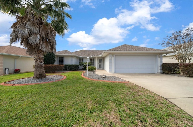 ranch-style home with a front lawn, driveway, an attached garage, and stucco siding