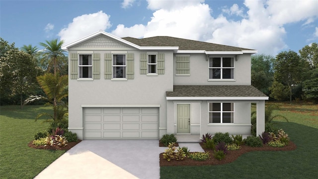 view of front of property featuring stucco siding, a shingled roof, an attached garage, driveway, and a front lawn