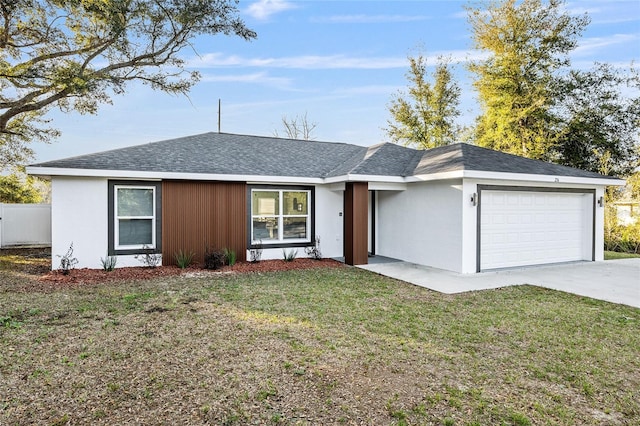 single story home with a garage, a front yard, driveway, and a shingled roof