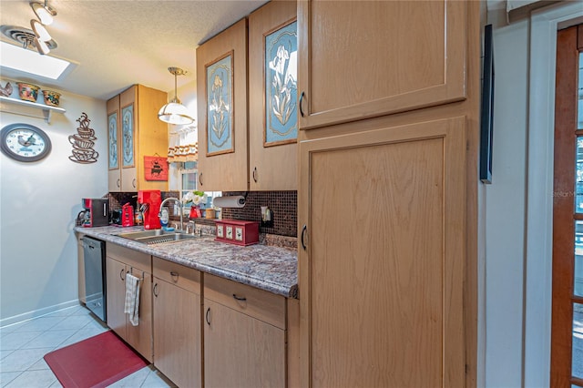 kitchen featuring decorative light fixtures, light brown cabinetry, light tile patterned flooring, a sink, and dishwasher