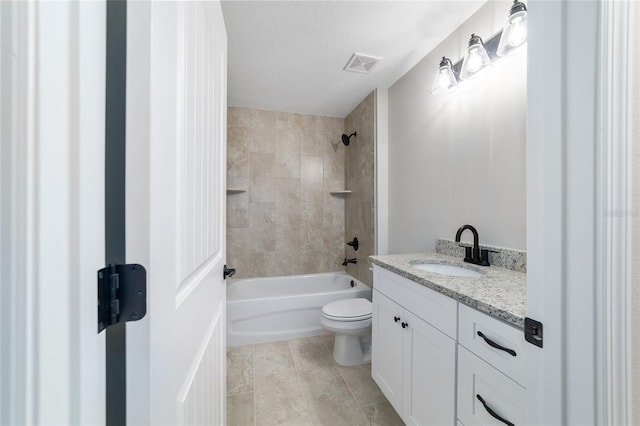 full bathroom featuring shower / washtub combination, visible vents, toilet, vanity, and a textured ceiling