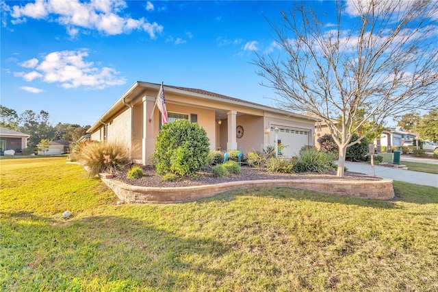 ranch-style house with a front lawn, an attached garage, and stucco siding