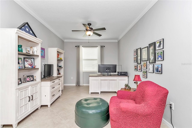 living area featuring baseboards, light tile patterned floors, a ceiling fan, and crown molding