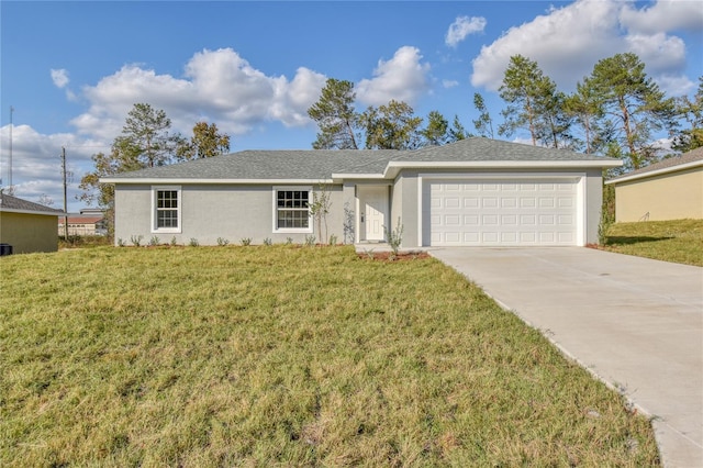 single story home with a front yard, concrete driveway, an attached garage, and stucco siding