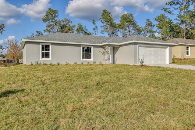 ranch-style home featuring a garage, driveway, a front lawn, and stucco siding