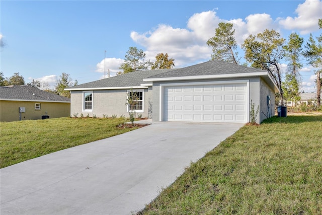 single story home with a front yard, driveway, an attached garage, and stucco siding