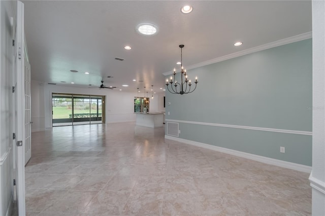 spare room featuring recessed lighting, baseboards, visible vents, and ceiling fan with notable chandelier