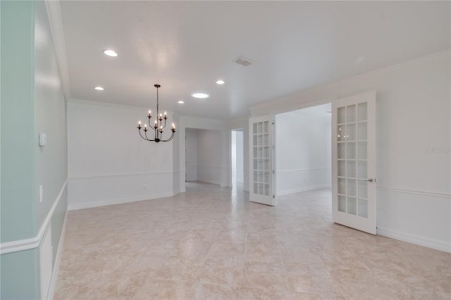 empty room featuring french doors, crown molding, a notable chandelier, recessed lighting, and visible vents