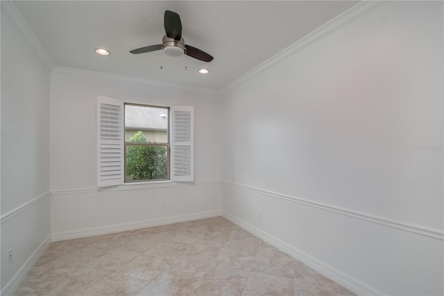 spare room with ornamental molding, recessed lighting, baseboards, and a ceiling fan