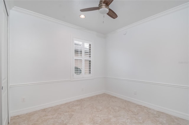 spare room with baseboards, ceiling fan, recessed lighting, and crown molding