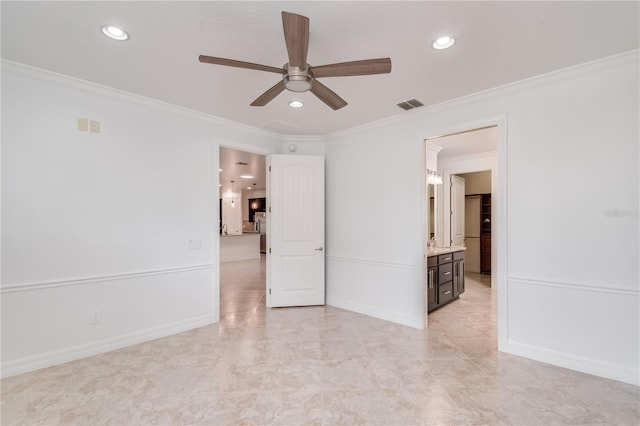 unfurnished room with recessed lighting, baseboards, visible vents, and ornamental molding