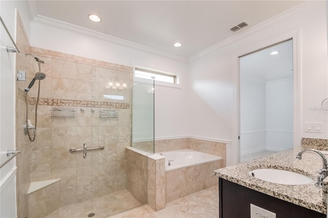 full bathroom with a garden tub, vanity, visible vents, ornamental molding, and a stall shower