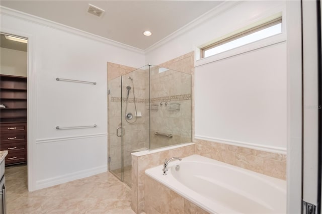 bathroom with a garden tub, vanity, visible vents, a shower stall, and crown molding