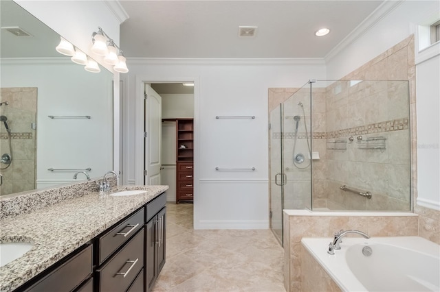 full bathroom featuring a sink, visible vents, a bath, a stall shower, and crown molding