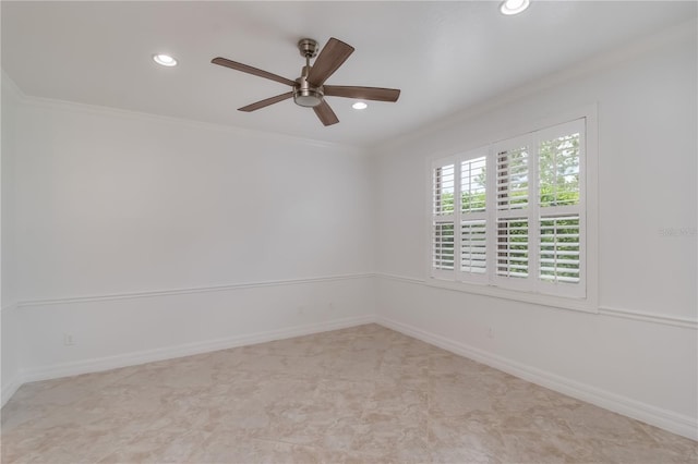 spare room with baseboards, ornamental molding, and recessed lighting