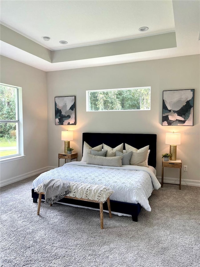 carpeted bedroom with a raised ceiling and baseboards