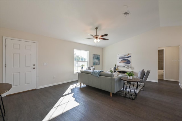 living room with baseboards, visible vents, ceiling fan, dark wood-style flooring, and vaulted ceiling