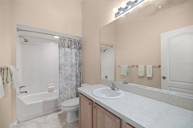 bathroom with toilet, tile patterned flooring, vanity, and shower / tub combo with curtain